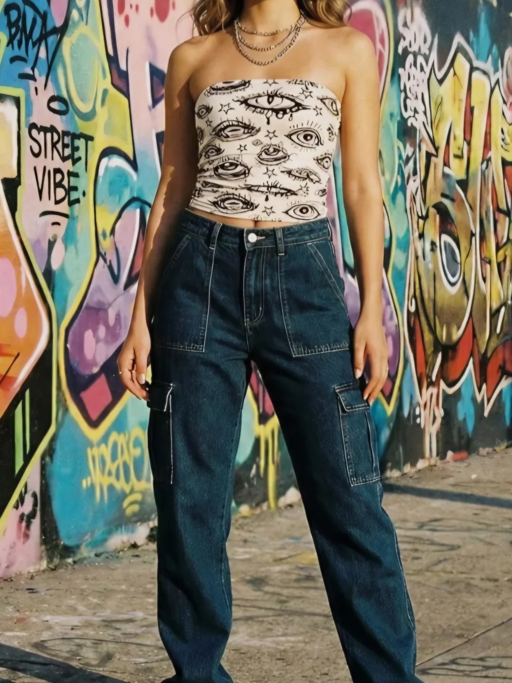 Cream Tube Top with Black Eye & Star Print